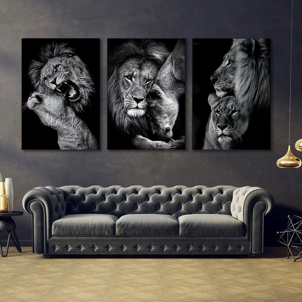 3pcs Unframed Canvas Poster, Modern Art, Animal Family Poster, Lion Family Poster, Ideal Gift For Bedroom Living Room Corridor, Wall Art, Wall Decor, Winter Decor, Room Decoration