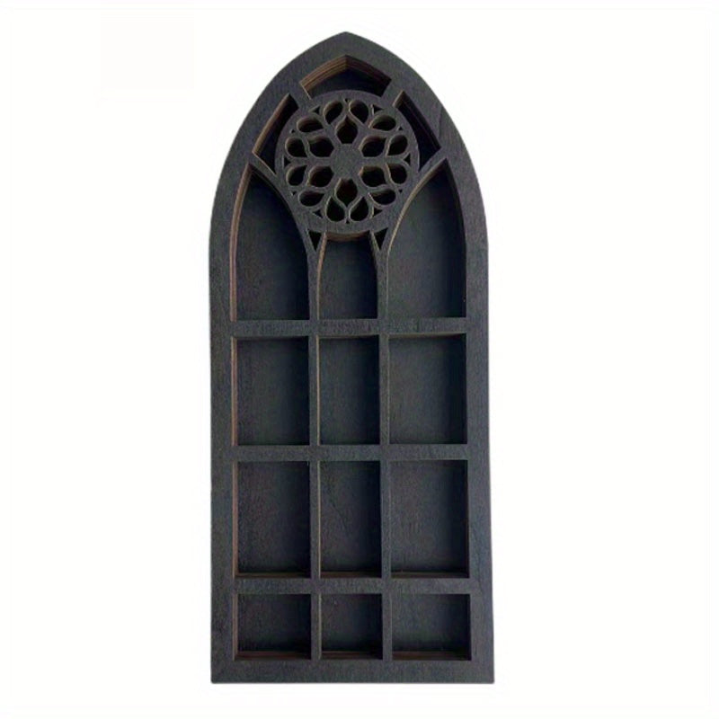 1pc Old Church Window Crystal Wall Shelf, Crystal Wooden Shelf, Halloween Witch Crystal Display Rack, Rustic Wooden Shelf For Crystals, Stones & Essential Oils, Wall Decor, Halloween Christmas New Year Gift, Aesthetic Room De