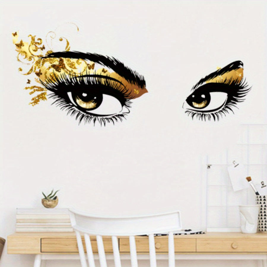 Golden Eyes Removable Wall Decal - Stylish Contemporary Art with Black & Golden Glitter Design, Self-Adhesive PVC for Bedroom, Study, or Living Room Decor, Bedroom Wall Decor | Creative Wall Sticker | Selfadhesive Decor