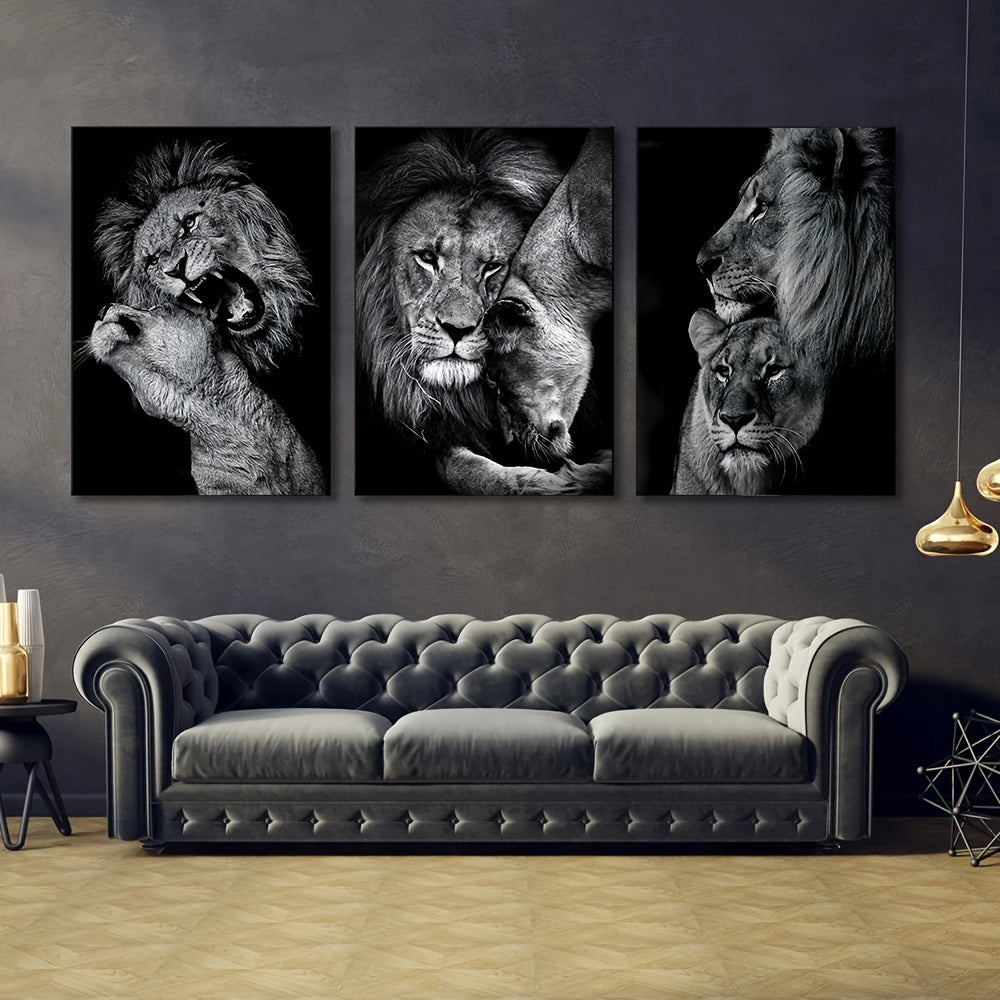 3pcs Unframed Canvas Poster, Modern Art, Animal Family Poster, Lion Family Poster, Ideal Gift For Bedroom Living Room Corridor, Wall Art, Wall Decor, Winter Decor, Room Decoration