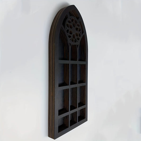 1pc Old Church Window Crystal Wall Shelf, Crystal Wooden Shelf, Halloween Witch Crystal Display Rack, Rustic Wooden Shelf For Crystals, Stones & Essential Oils, Wall Decor, Halloween Christmas New Year Gift, Aesthetic Room De