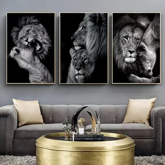 3pcs Unframed Canvas Poster, Modern Art, Animal Family Poster, Lion Family Poster, Ideal Gift For Bedroom Living Room Corridor, Wall Art, Wall Decor, Winter Decor, Room Decoration