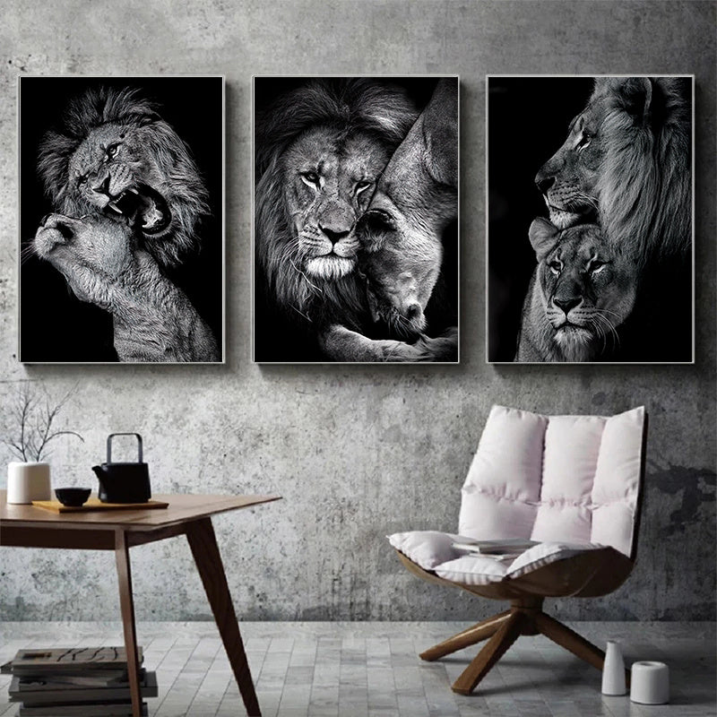 3pcs Unframed Canvas Poster, Modern Art, Animal Family Poster, Lion Family Poster, Ideal Gift For Bedroom Living Room Corridor, Wall Art, Wall Decor, Winter Decor, Room Decoration
