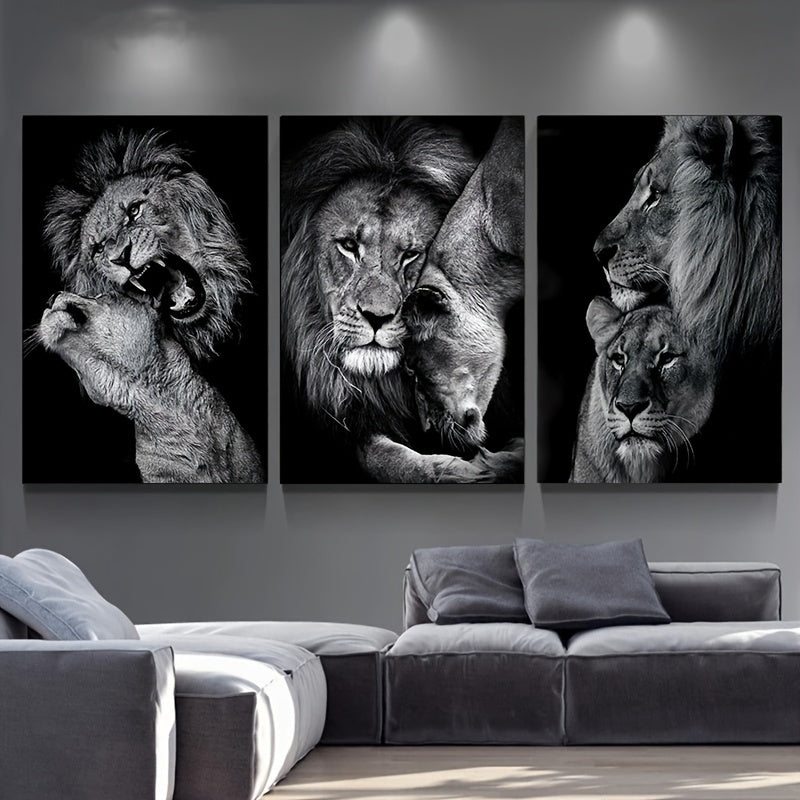 3pcs Unframed Canvas Poster, Modern Art, Animal Family Poster, Lion Family Poster, Ideal Gift For Bedroom Living Room Corridor, Wall Art, Wall Decor, Winter Decor, Room Decoration