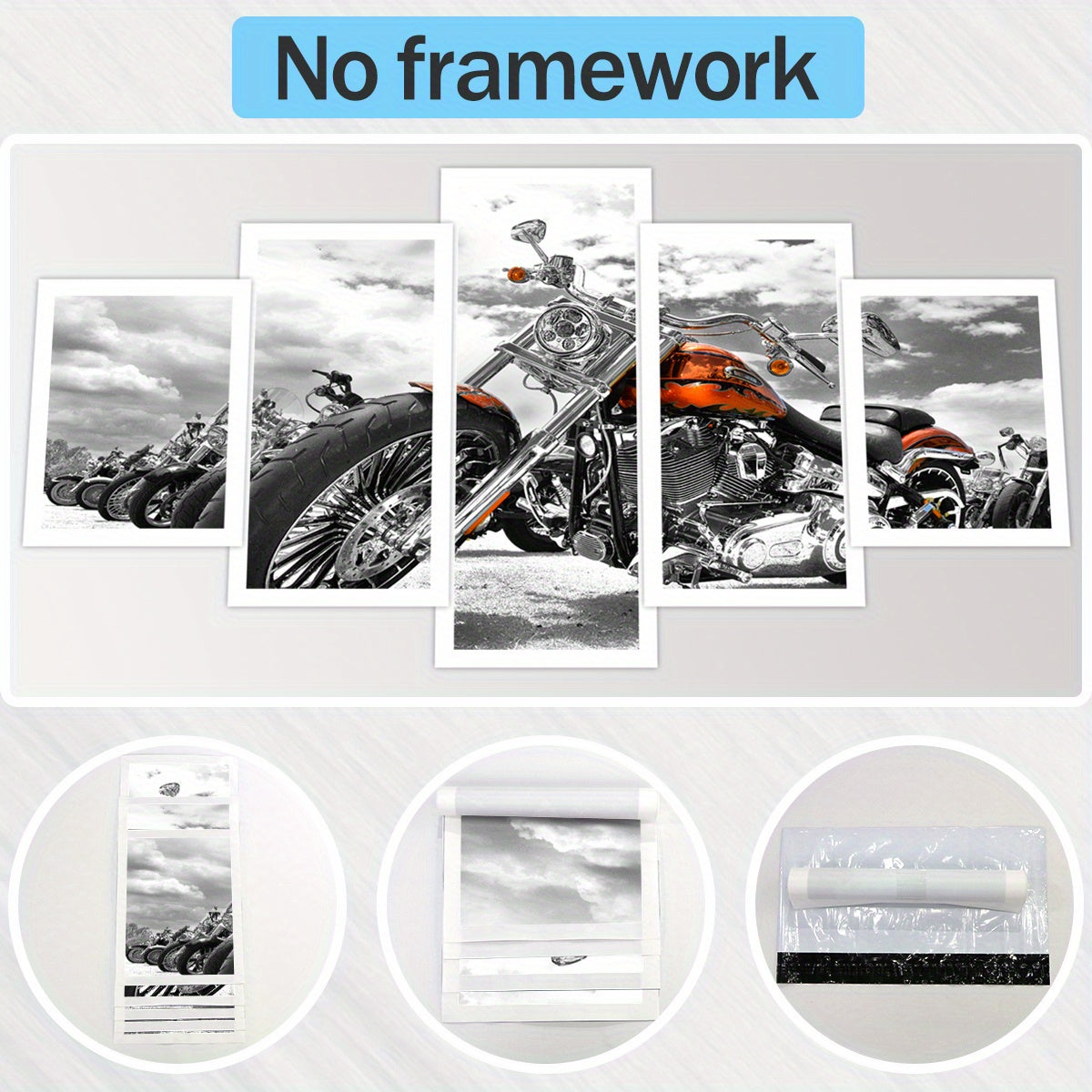 5pcs/set Vibrant Canvas Art Print Posters - Modern Art Deco Motorcycle Wall Decor for Bedroom, Home Office, Living Room - Frameless, Transverse Orientation, Indoor Use, Ideal Gift