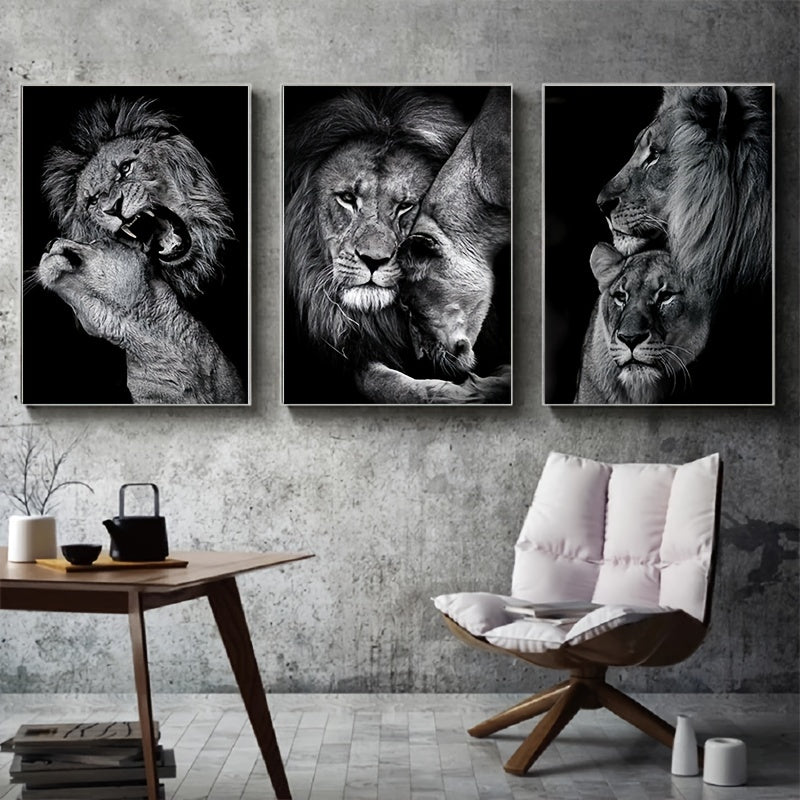 3pcs Unframed Canvas Poster, Modern Art, Animal Family Poster, Lion Family Poster, Ideal Gift For Bedroom Living Room Corridor, Wall Art, Wall Decor, Winter Decor, Room Decoration